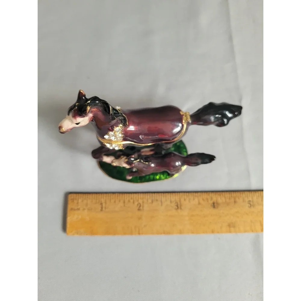 Enamel Metal Horse & Foal Hinged Trinket Box w/ Rhinestones Purple Green Base
